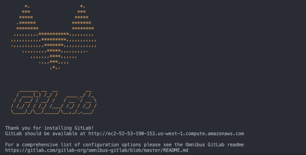 Terminal showing a new GitLab installation