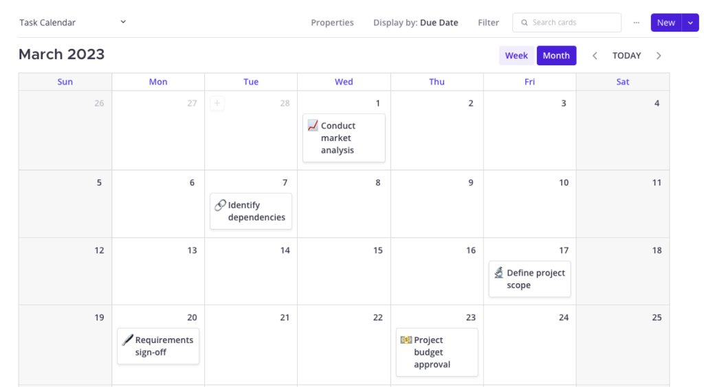 Project management task calendar