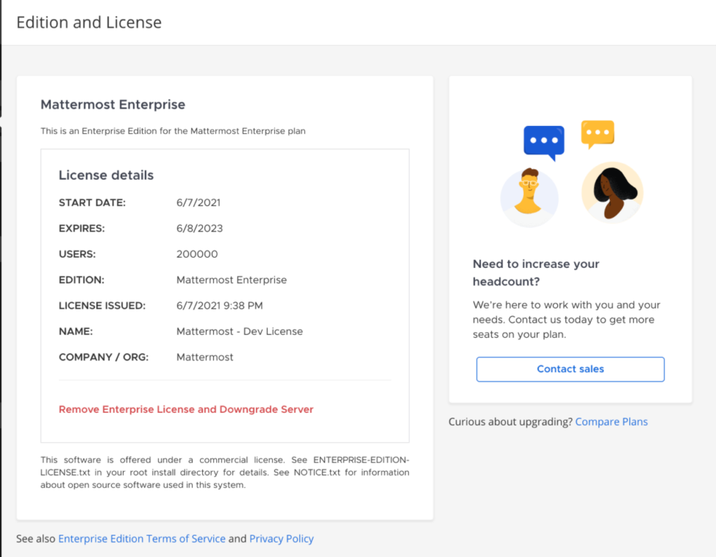 Mattermost v6.2 updated license page