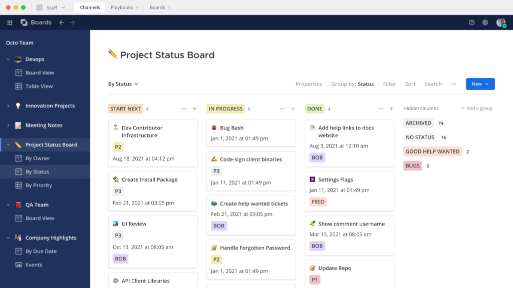 A kanban style project board in Mattermost showing progress columns and task cards.