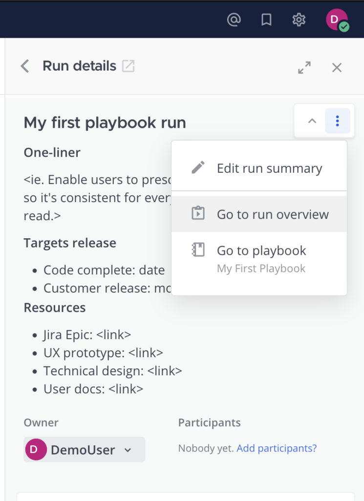 Playbook sidebar navigation to run overview page