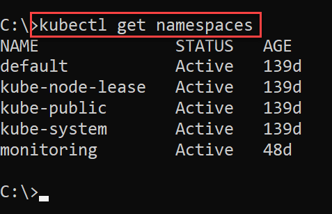 validate admin access with kubectl get namespaces command
