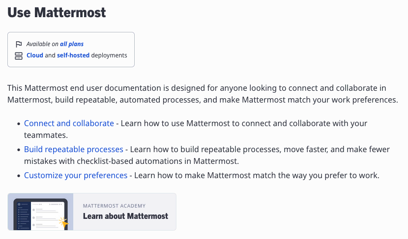 Links to Mattermost Academy site under "Use Mattermost" header of Product documentation site