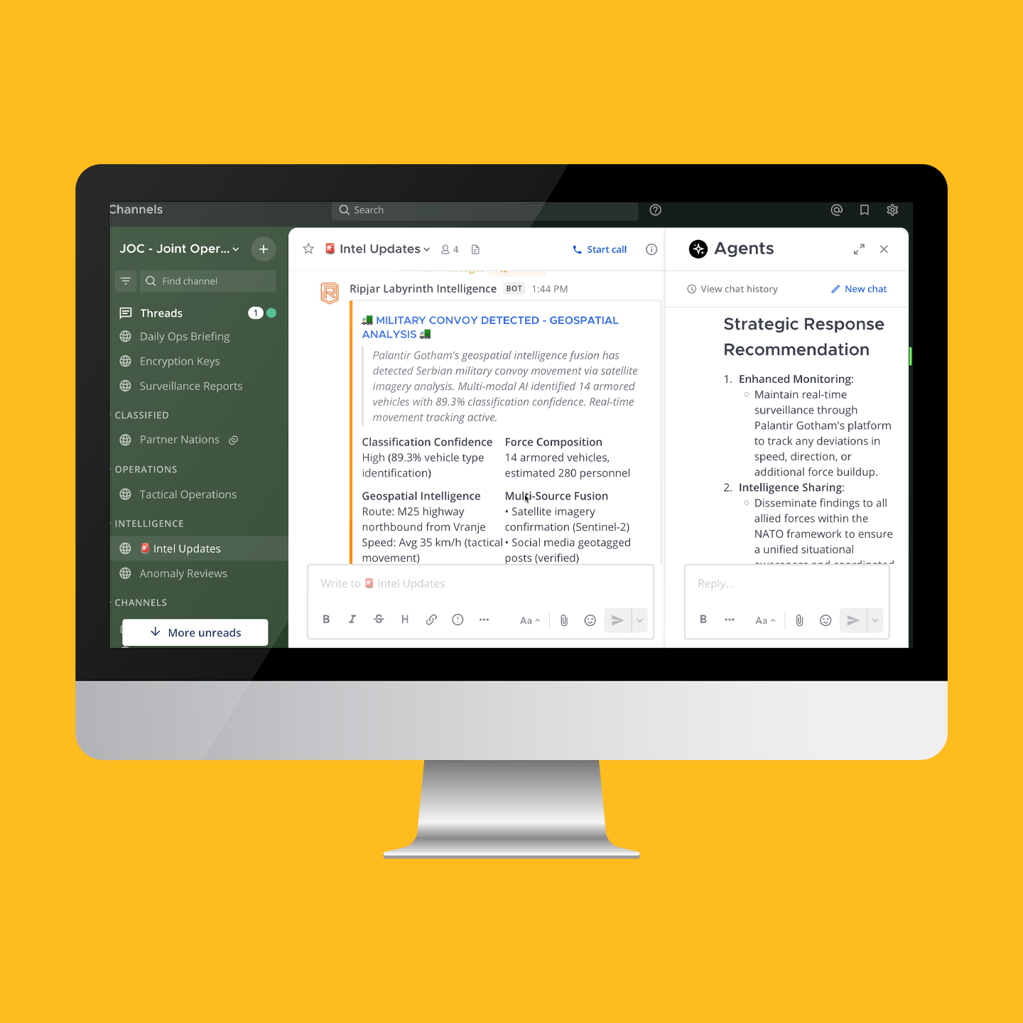 Desktop monitor with Mattermost comm platform displayed on screen with the Intel Updates channel open