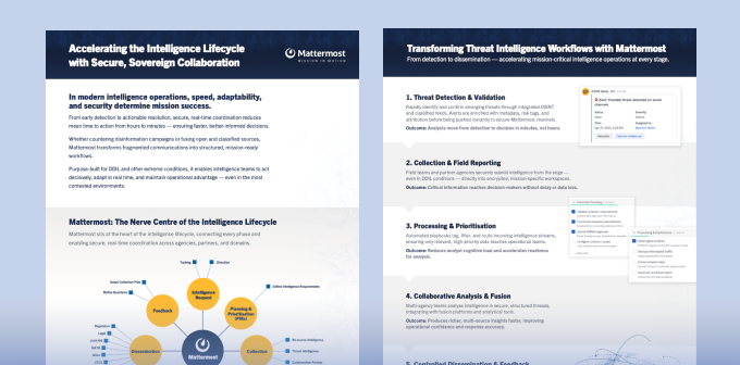 Side by side brochure pages about Mattermost's secure comms platform accelerating intelligence lifecycle and assisting threat intelligence workflows