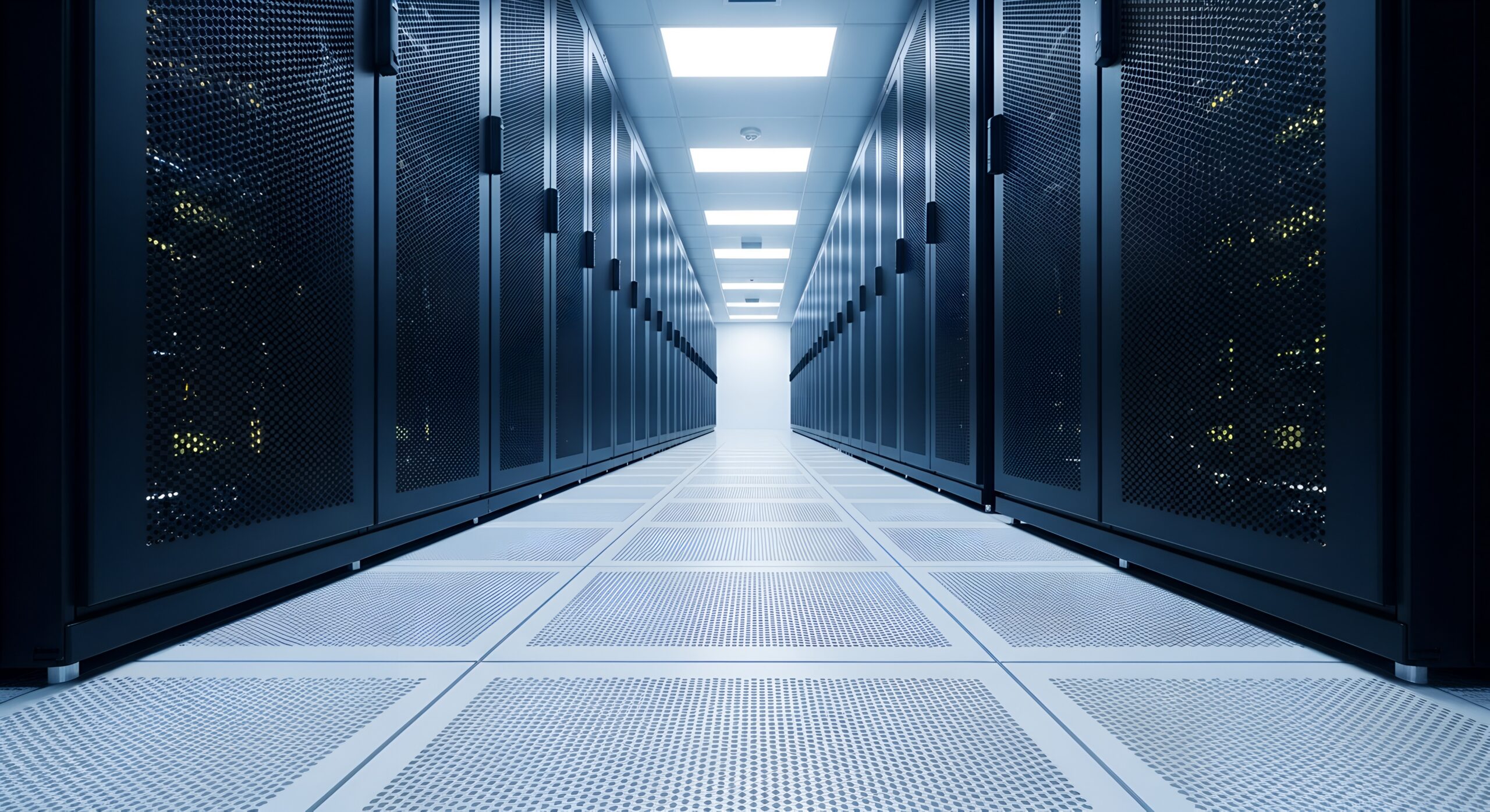 Long dark server room corridor with rows of computer racks data center